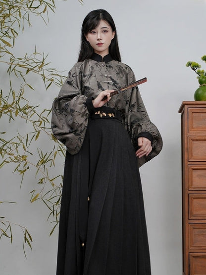 Banded Unisex with Blouse Sleeves Bamboo Pipa Grey Print Style Chinese Collar -