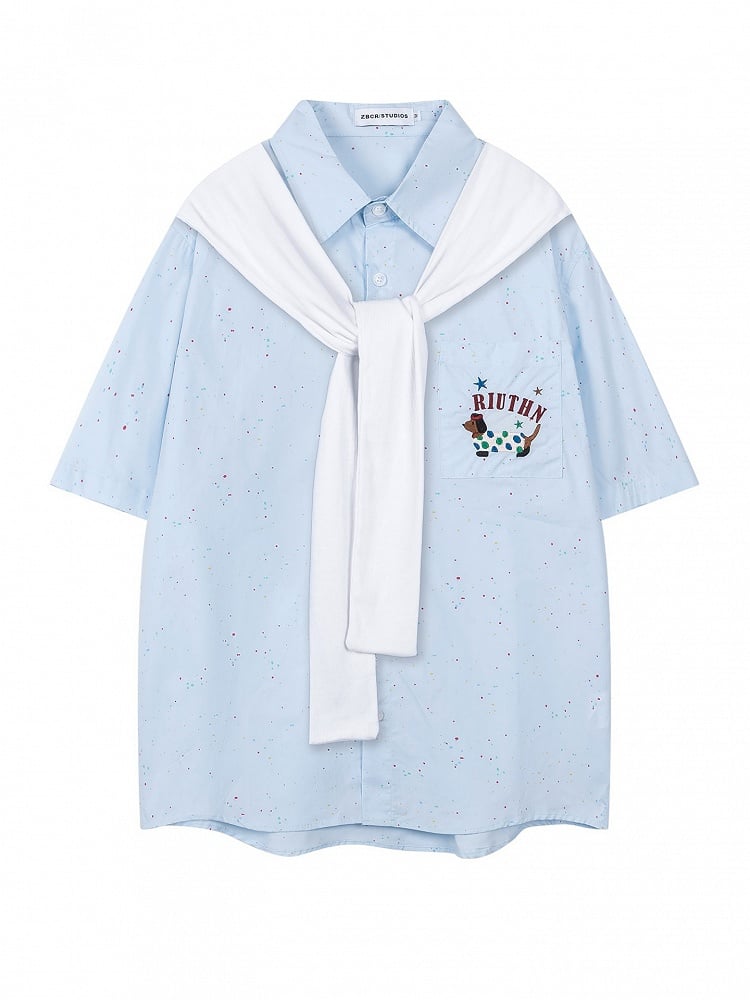 Kurz-/Langarmhemd mit verzierten blauen Kunstärmeln und entzückender Hundestickerei