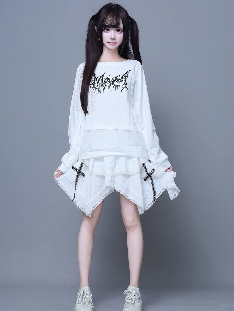 Long-Sleeve Printed Design T-Shirt Jirai Paneled White Kei