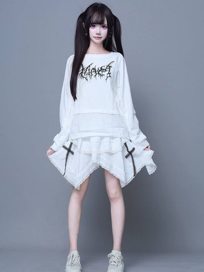 Long-Sleeve Printed Design T-Shirt Jirai Paneled White Kei