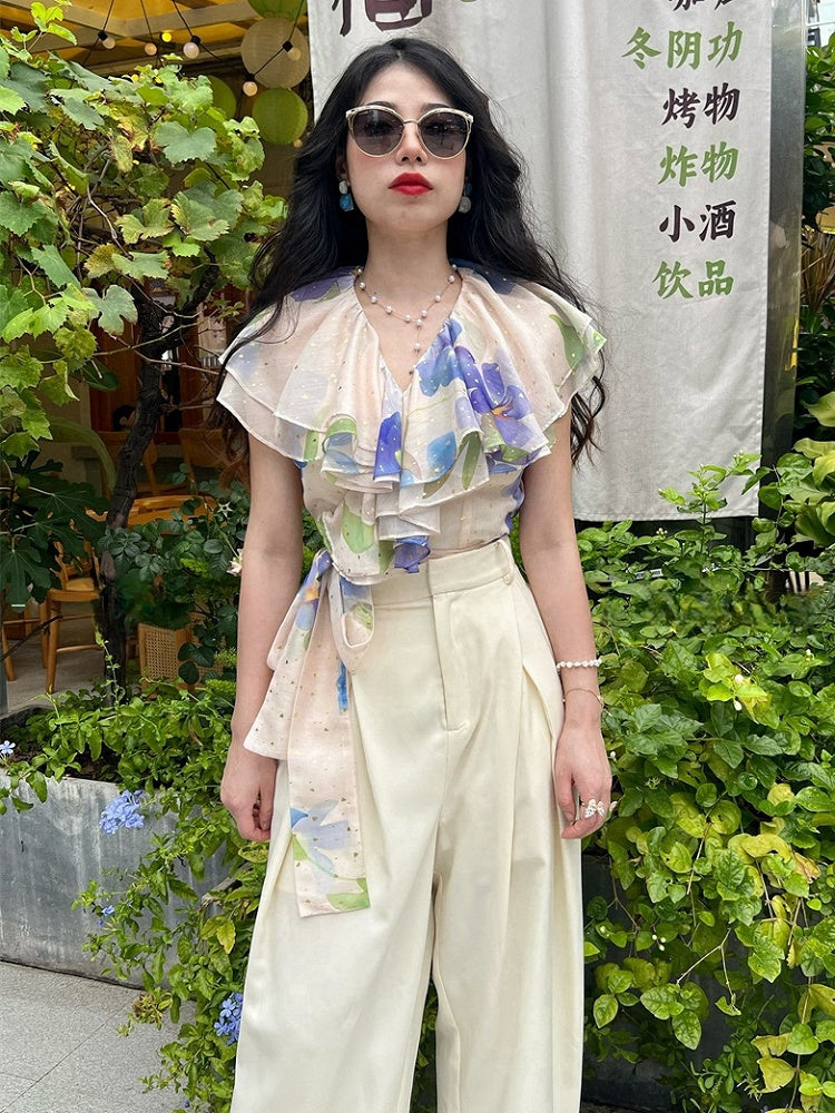 Light Pink Vintage Blue Floral Print Tiered Shawl Collar Chiffon Top