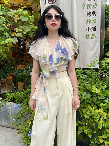 Light Pink Vintage Blue Floral Print Tiered Shawl Collar Chiffon Top