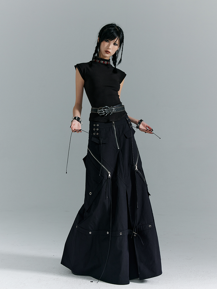 Schwarz A-Linie mit Schnallen Punk Taschen Metall Rock Reißverschluss