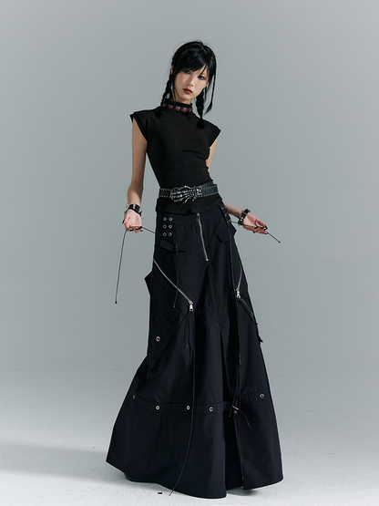 Schwarz A-Linie mit Schnallen Punk Taschen Metall Rock Reißverschluss