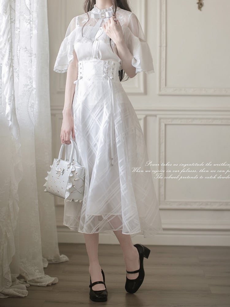Lace-up High Waist Skirt with Plaid Clean Overlay Aesthetic White Innocent