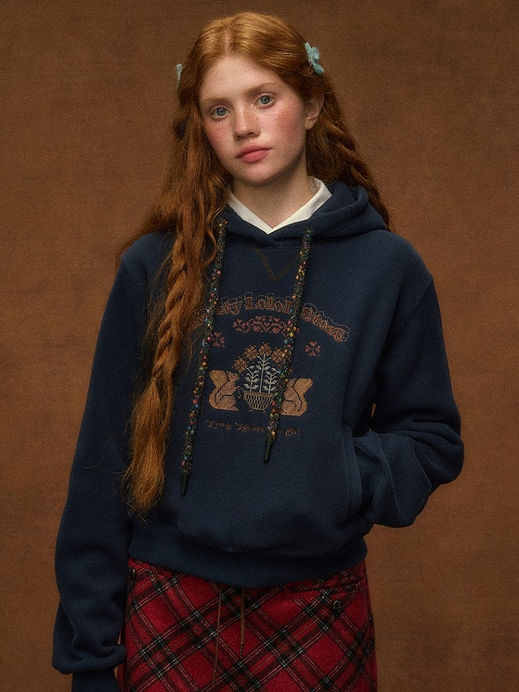 Squirrel Hoodie - Embroidery Blue with Navy Vintage Preppy Style