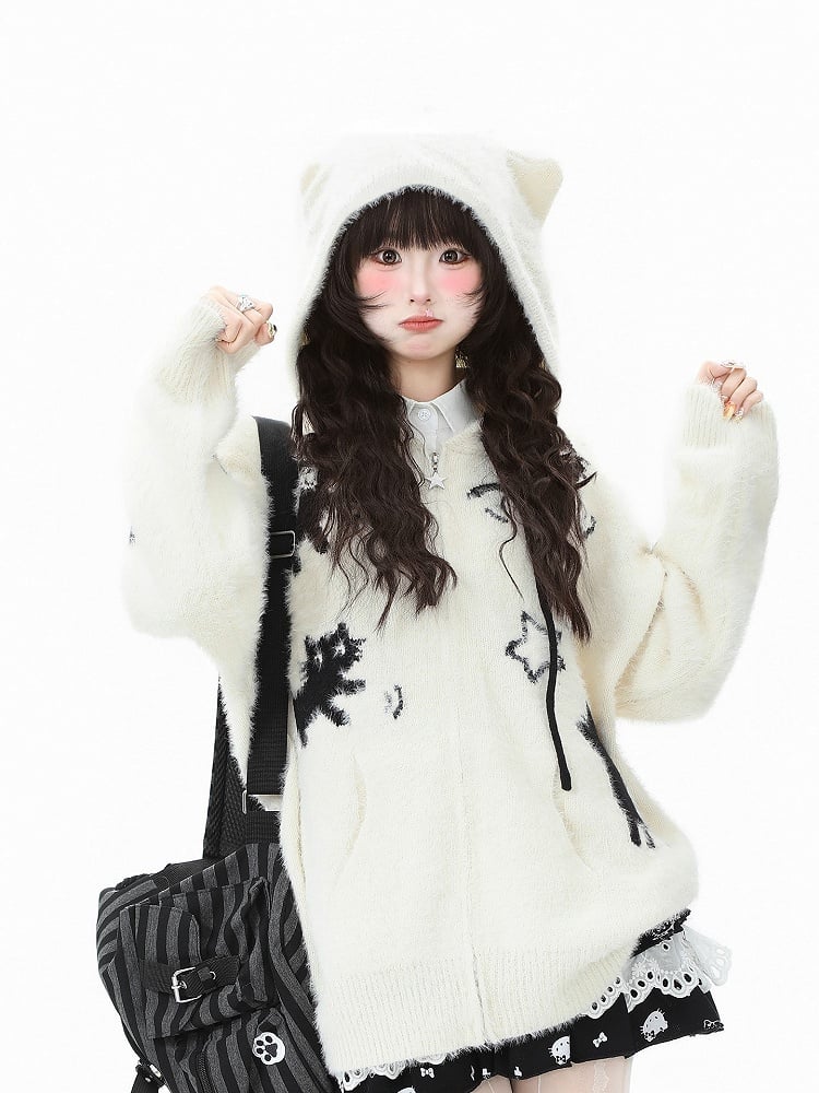 Hooded Kawaii Cat Jacket Patterns Star-shaped Zipper Knit Apricot/Grey Closure - Daily in