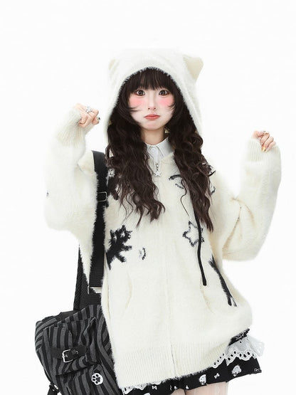 Hooded Kawaii Cat Jacket Patterns Star-shaped Zipper Knit Apricot/Grey Closure - Daily in
