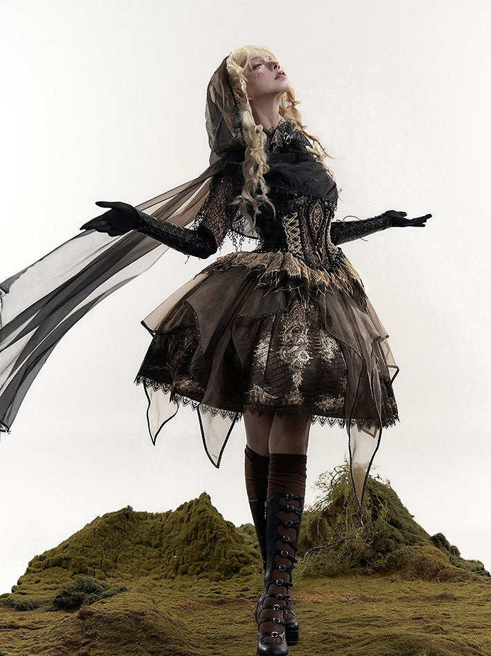 Brown & Gold Bone Dragon Embroidery Halter Neck Gothic Lolita Dress Set - Ying Luo Fu
