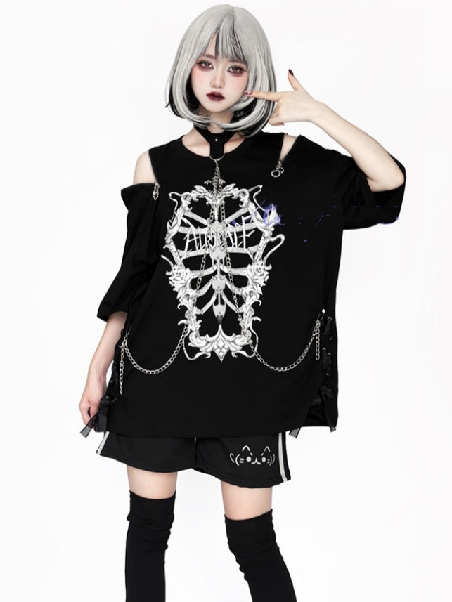 Choker T-Shirt Ribcage Gothic Shoulder Chain Coffin Print with Zip Detachable Convertible Black