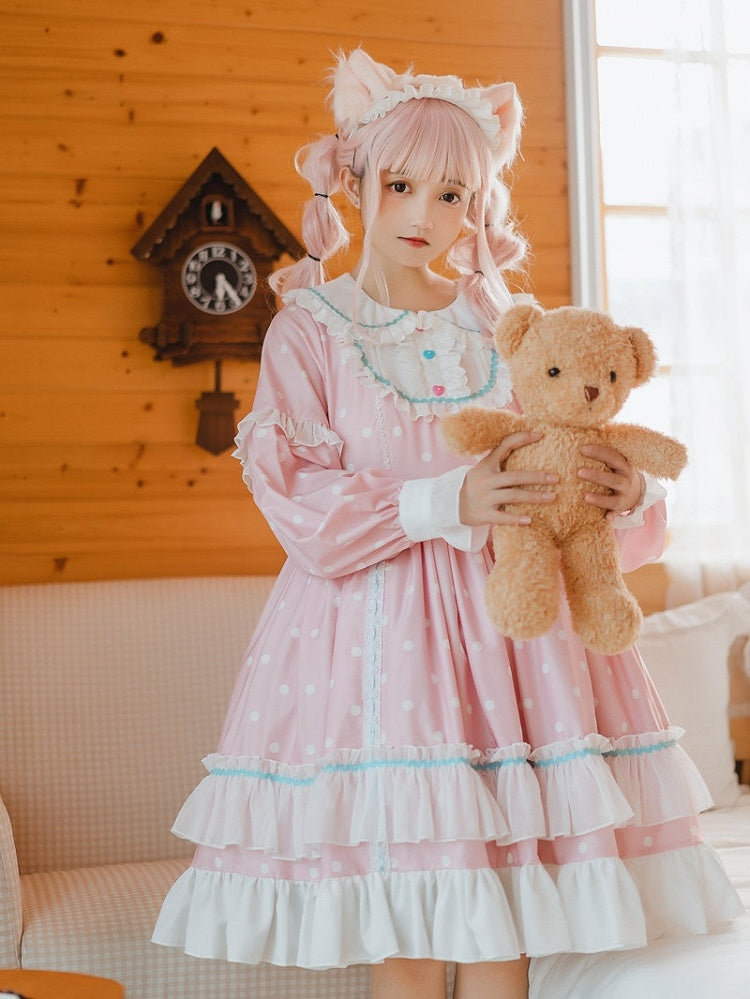 Polka Pink with Dress Ruffle Long Dot Sweet Sleeve Lolita OP Details