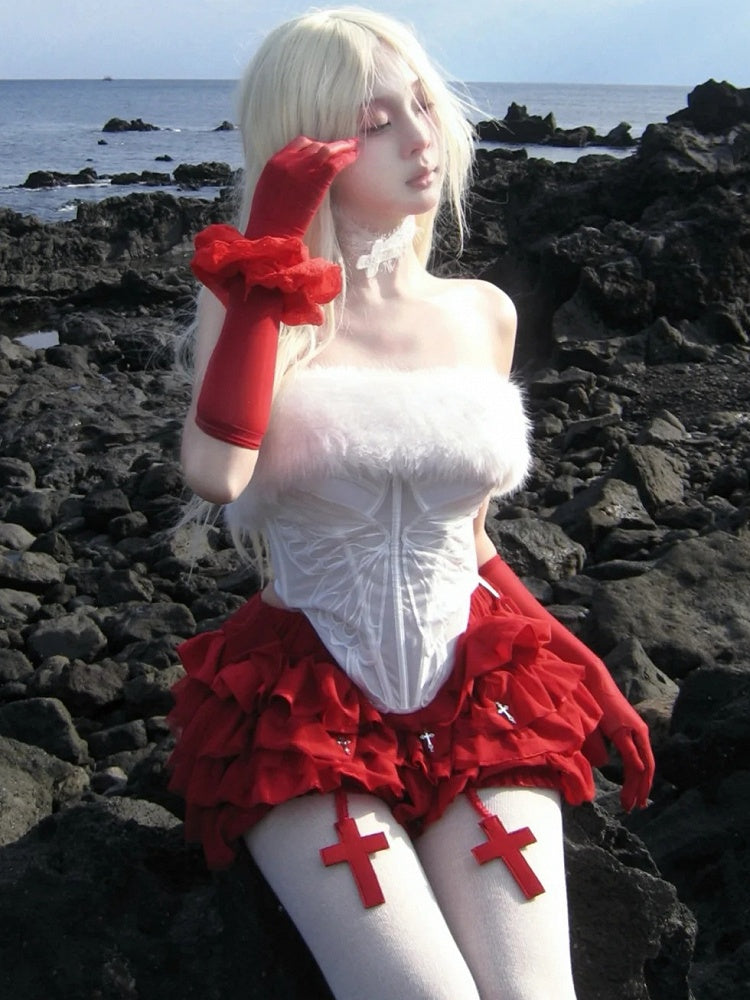 Gothic White Plush Neckline Butterfly Semi-sheer Boned Corset