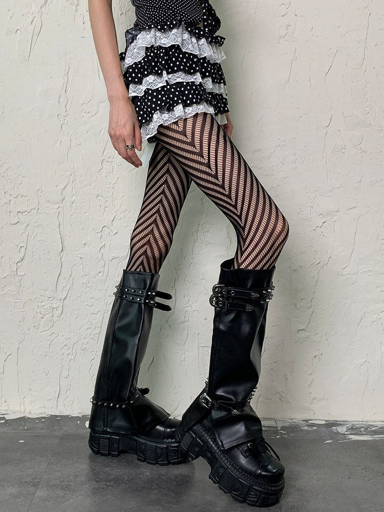 Striped Black Fishnet Pattern Fashion Gyaru Tights Y2K