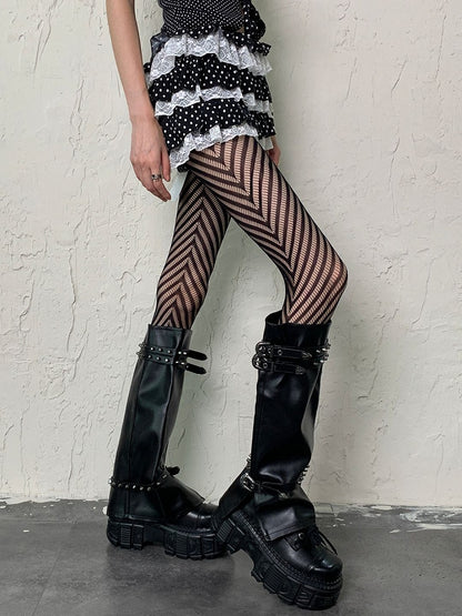 Striped Black Fishnet Pattern Fashion Gyaru Tights Y2K