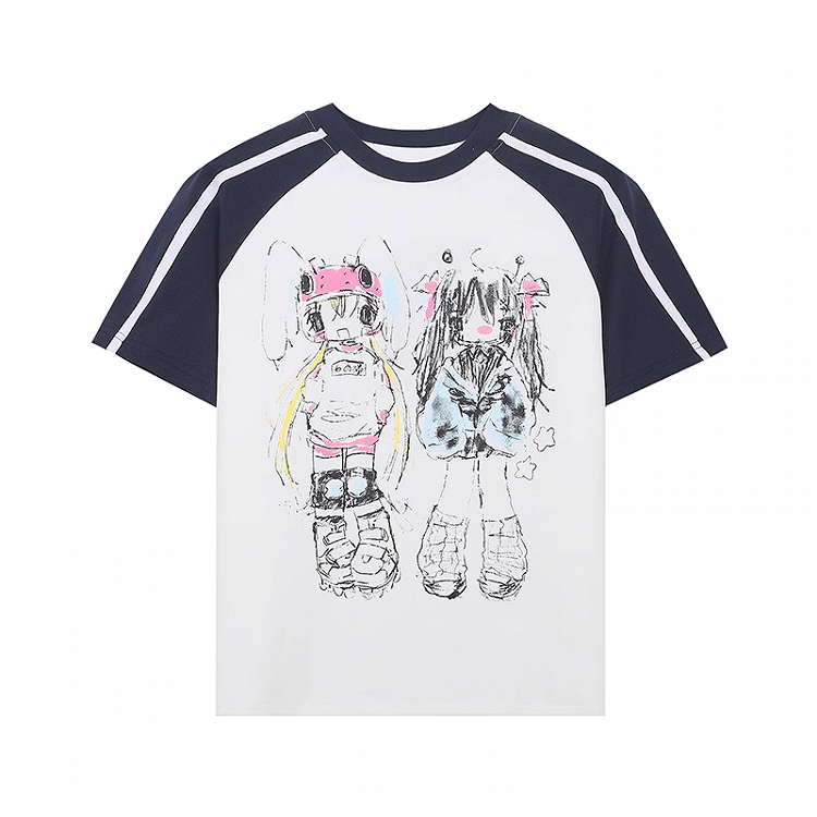 黒と白のデザインカラーブロックプリントTシャツアニメグラフィティ