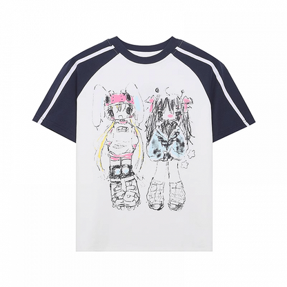 黒と白のデザインカラーブロックプリントTシャツアニメグラフィティ