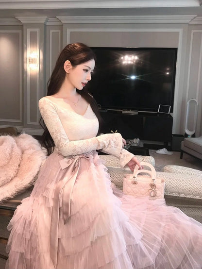 Tiered (Fleece-Lined) Lace Vintage Cake Off-Shoulder French Dress