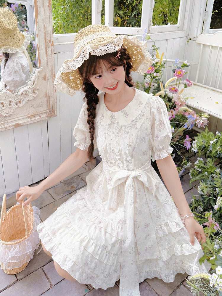 Bow Floral Dress White Peter Pan Collar Self-tie Waist Sweet