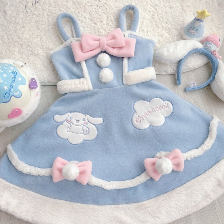 Blue Winter Dress – Pompom Bows & Patch Details