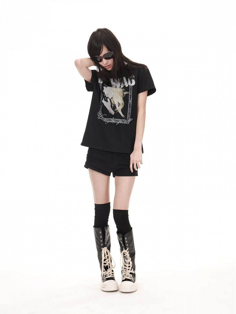 Genderless Punk Black Tee with Girl Rhinestone Print - DETW OnLine