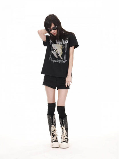 Genderless Punk Black Tee with Girl Rhinestone Print - DETW OnLine