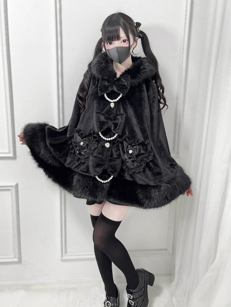 Bow Hooded Kei Bead Black with Cape Chain Jirai Furry Decor