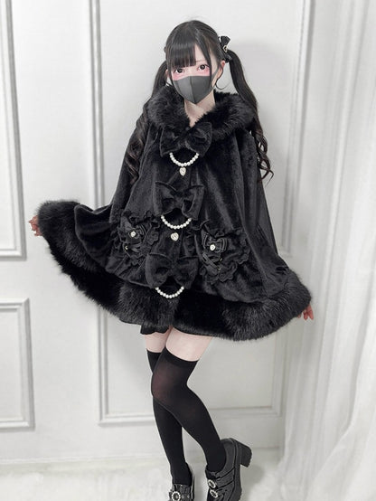 Bow Hooded Kei Bead Black with Cape Chain Jirai Furry Decor