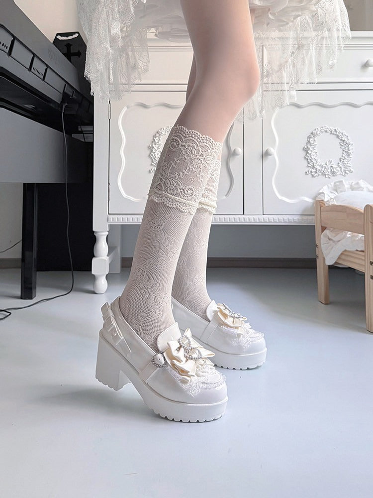 Jirai Kei Pearl Heart Bowknot White Lace Ruffle Shoes - Transfer Student