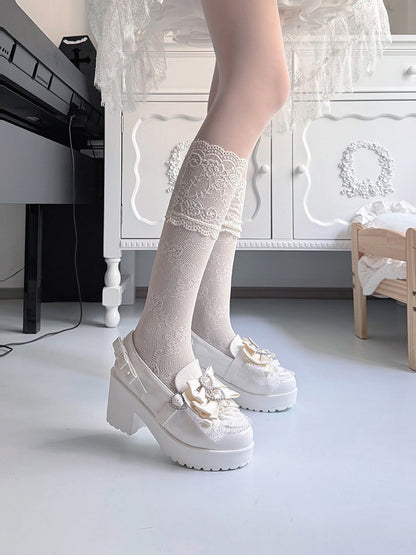 Jirai Kei Pearl Heart Bowknot White Lace Ruffle Shoes - Transfer Student