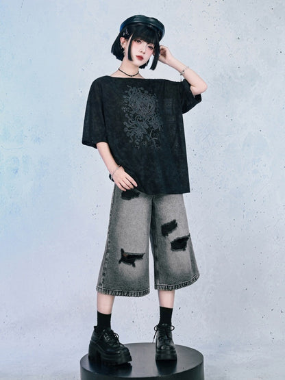 Distressed Denim Cropped Wide-Leg Pants - Quirky Hut