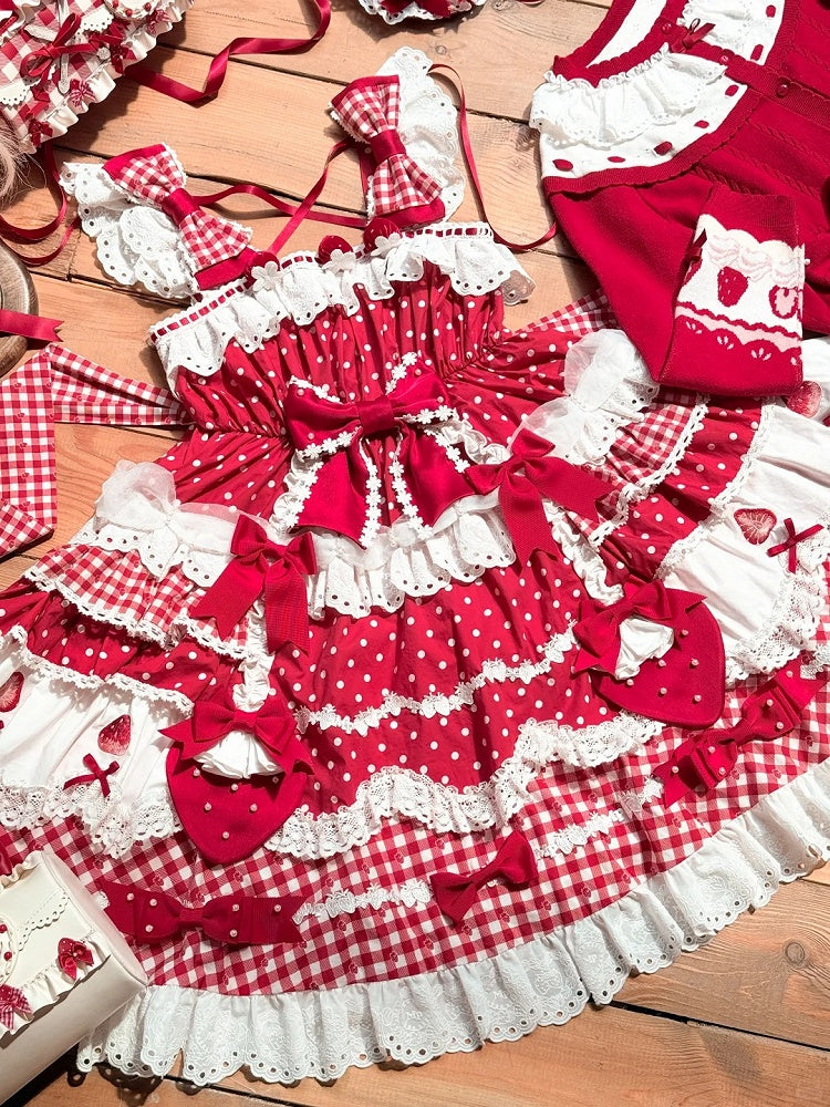 Sweet JSK Layered Dress Lolita Bow Red Accents with Skirt