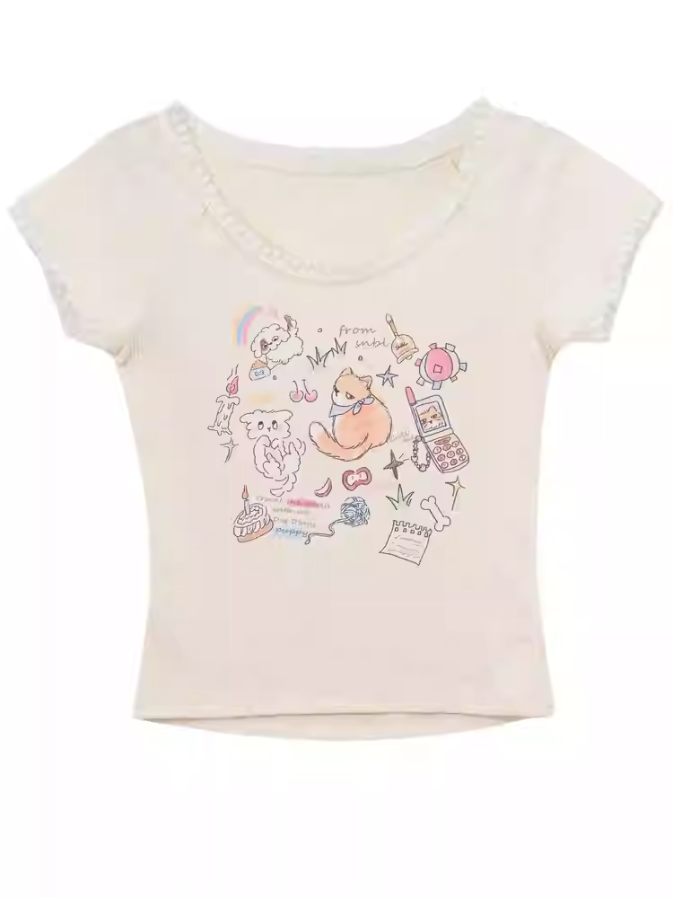 バージョンTシャツ ベージュ 愛らしいキツネプリント ロング/ショート