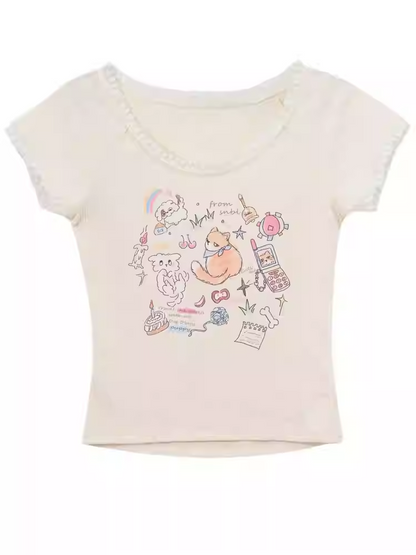 バージョンTシャツ ベージュ 愛らしいキツネプリント ロング/ショート