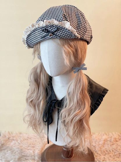 Brim Black and Flipped Gingham Beret White with