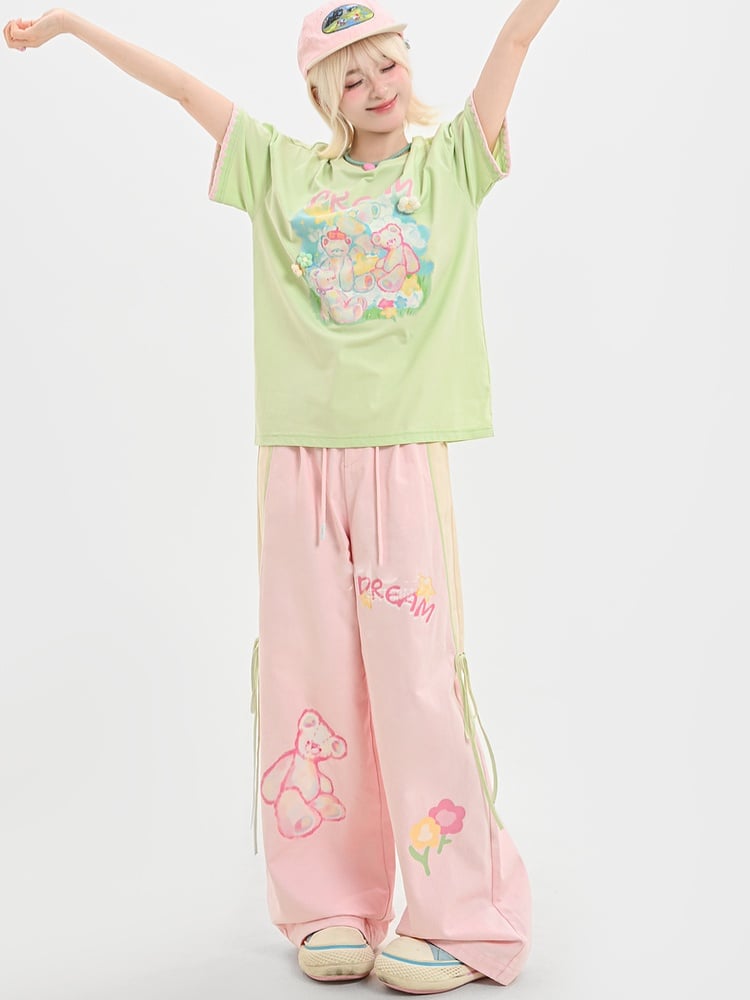 Loose T-shirt Accents Green Round Neck Teddy Bear Print Knit Floral