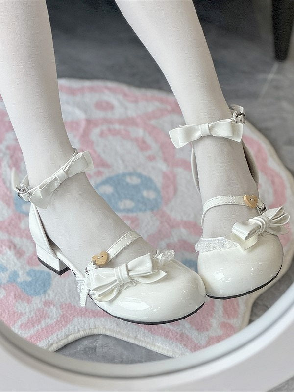 with Sandals Snap Sweet White and Low-heel Lolita Heart-Shaped Style Bows Decor
