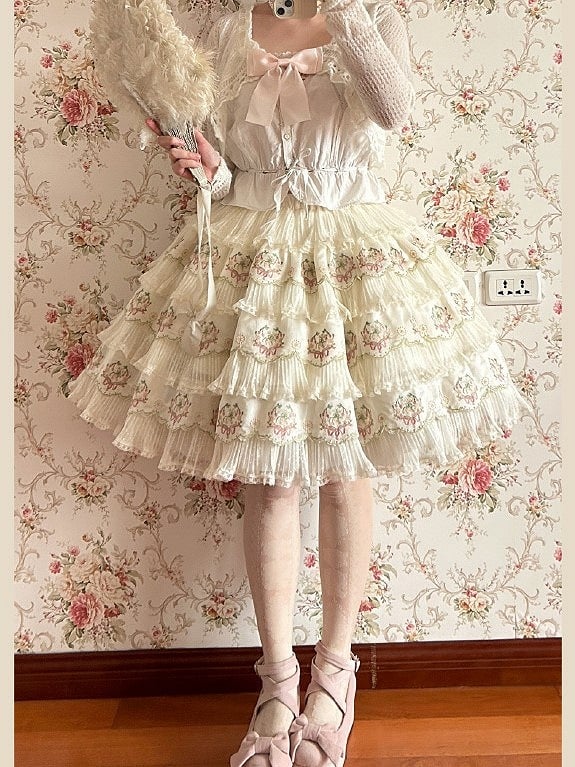 Skirt Flower Elegant Embroidery with Green Pink Details Tencel Lolita Multi-Layered