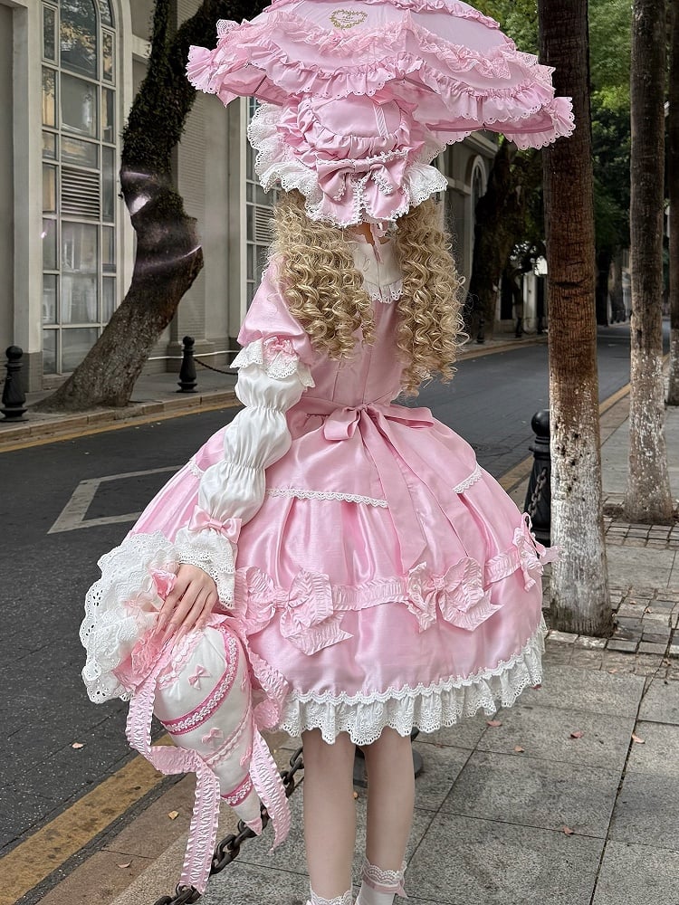 Trimmed Pink White and Bow Sweet Lace Bead Details with Dress Lolita