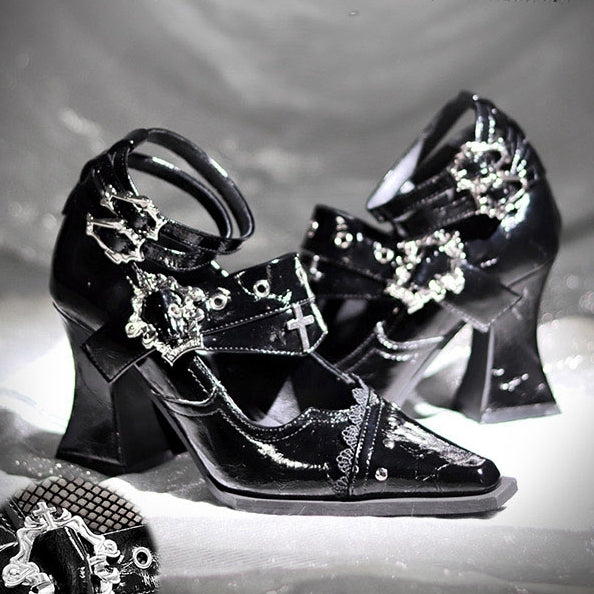 Textured Metal Cross Block Heels Buckles Punk in Black Coffin Chunky 8.5/5cm Gothic Toe with Pointed