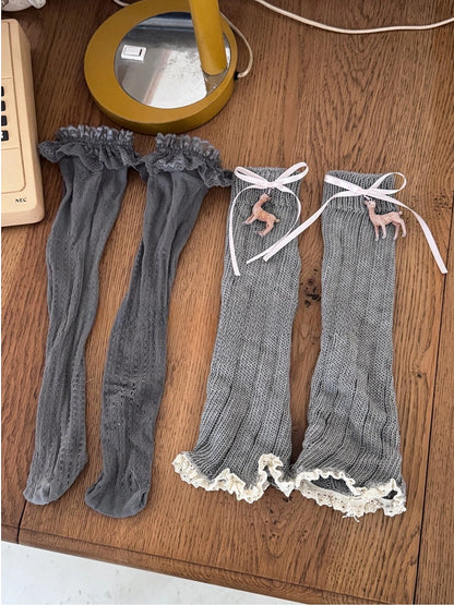 set Deer Ruffled Knit Embellished + Socks Leg Warmers Lace