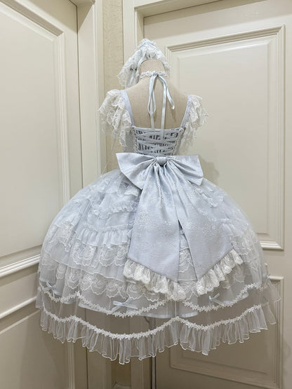 Hanayome-Style Lace Blue Dress Bows Details Multi-Layer Rhinestone Elegant JSK with Lolita