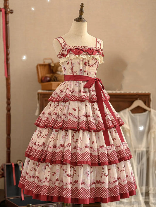 Red Cherry and Gingham Pattern Tiered Hem Cottagecore Tea Length Lolita Dress