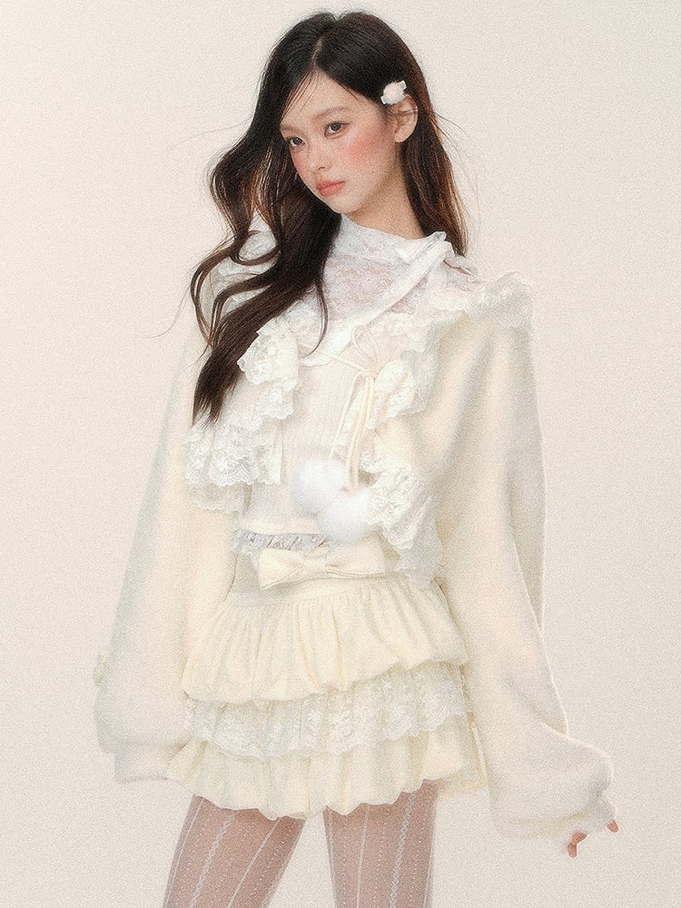 Aprikosenfarbener kurzer Plüsch-Cardigan mit selbstbindenden Trägern und Spitzenbesatz