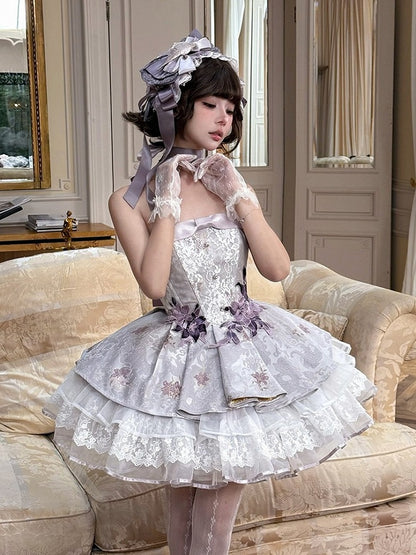 Strapless Embroidered Lace Trim Layered Lolita Skirt - Yimu Walnut