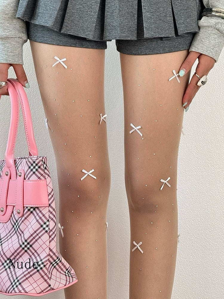 Decorated Tights Details Bowknot Beige/White/Nude Rhinestone