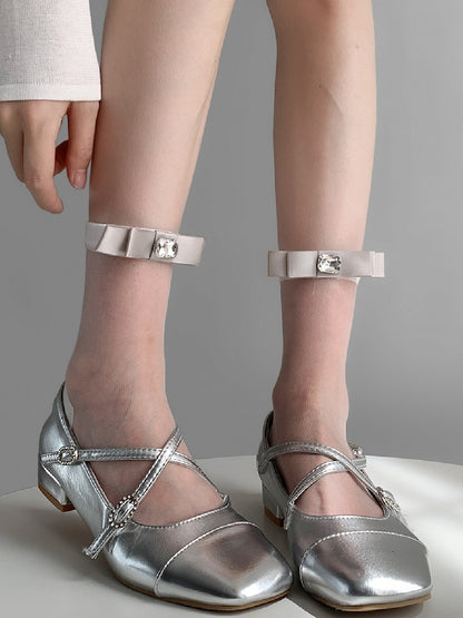 Socks Design Decorated Rhinestone Bowknot White