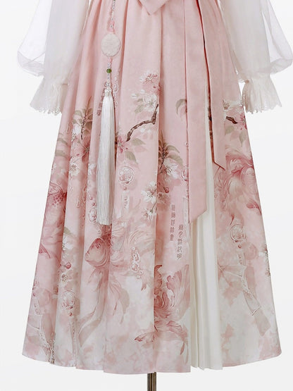 Pink Pleated Skirt with Chinese-Style Floral Print and Beaded Pendant - Han Ru Chu Hanfu &amp; Han-Element Studi