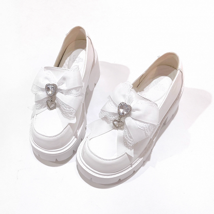 Loafers Kei Platform White 6cm in Bow Matte Chunky Heel Heart Decor Rhinestone Jirai