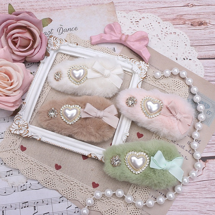 Kei Options Color Heart 5 Plush Rhinestone Hairclips Bow Jirai