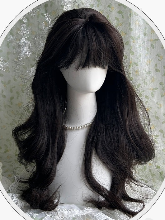 Schwarze, hüftlange, gewellte Kunsthaarperücke mit Pony